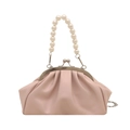 Pale pink pleated cloud bag featuring a large pearl handle and silver chain strap - Pink