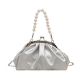 Silver metallic cloud bag with pearl handle and chain strap on white background - Silver