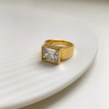 Macro view of wide 18k gold plated band featuring a large rectangular cut zircon gem - US 6 / Square Zirconia Style