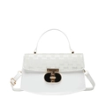 White structured handbag with repeated lettering print and golden metal turn-lock closure - White
