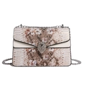 Chic beige snake pattern chain bag with floral print and silver lion head buckle - White