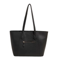 Classic black pebbled leather tote bag with front zipper pocket and long shoulder straps - Black