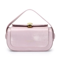 Perlmuttrosa Leder-Box-Handtasche mit goldenem muschelförmigem Metallverschluss - Lotosrosa