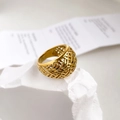 Macro detail of gold vintage peacock-style woven ring with intricate mesh metal texture - US 6 / Woven Style