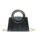 Iridescent snakeskin pattern handbag with circular top handle and gold chain strap - Black