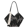 Grand sac fourre-tout à broderie rayée avec sangle en toile et ouverture en V moderne - Noir