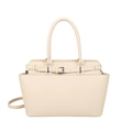 Chique beige draagtas van leer met lycheepatroon, dubbele handvatten en gesp - Broken Wit