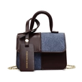 Mini handbag with dark brown leather and denim patchwork design and gold chain strap - Coffee & Blue (Small)