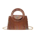 Brown iridescent snake pattern leather handbag with circular handle and gold chain strap - Brown