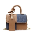 Chic brown leather and blue denim patchwork mini square bag with golden chain strap - Brown & Blue (Small)