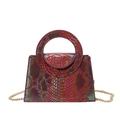 Iridescent snakeskin pattern handbag with round metal handle and gold chain strap - Red