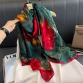 Elegant emerald silk scarf with red peony print styled with a luxury handbag and magazine - 90*180cm / Red