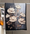 Detail of vintage oil painting floral scarf with tassels and soft cashmere-like texture - 60x180cm / Navy Blue