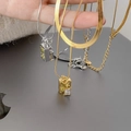 Layered gold and silver snake chain necklaces with rectangular zircon and shell pendants - Gold Double Layer Snake Bone Zirconia
