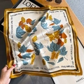 Silk square scarf with botanical print and yellow border for autumn fashion styling - Ginger Yellow