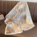 Elegant square silk scarf with tropical floral and classical architecture prints - Faux Silk / Beige Gray Plant Floral Style (W-133-1)