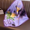 Lavender purple silk scarf with floral peony and magpie print on a leather background - 70x70cm / Violet