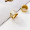 Detail of wide gold ring featuring five rectangular white mother of pearl shell inlays - US 6 / White Shell