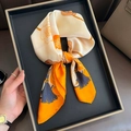 Elegant orange silk-like scarf with rose floral print and chain patterns tied as a bow - Orange Rose Tassel (W-261-Orange)