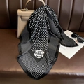 Elegant black and white polka dot square scarf featuring a central white camellia flower - 70*70cm / Black (W-290)