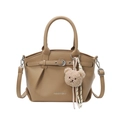 Brown lychee texture bucket bag with crossbody strap and cute plush bear charm - Khaki