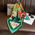 Emerald green square satin scarf with yellow borders and bold floral patterns - 70*70cm / Green (W-301)