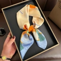 Elegant satin floral scarf in orange and blue with rose patterns in a gift box - Blue Rose Tassel (W-261-Blue)