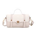 Minimalist beige crossbody bag with textured woven flap and golden metal lock detail - White