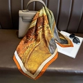 Caramel silk-like square scarf with autumn maple leaf prints on a gray leather handbag - 70*70cm / Orange Border (W-298)