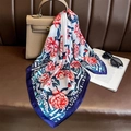 Silk-like fashion scarf with red floral and blue baroque patterns styled on a leather bag - 70*70cm / Blue Border (W-300)