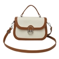 Retro patchwork woven crossbody bag with brown leather trim and silver metal ring buckle - Cream-Brown