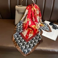 Elegant red square silk scarf with floral patterns draped on a classic leather handbag - 70*70cm / Red (W-304)