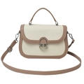 Vintage cream woven small square handbag with brown leather trim and silver metal twist lock - Beige and Khaki
