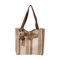 Borsa tote in tela a righe gialle e crema con tasca in pelle e ciondolo a forma di coniglio - Senza Ciondolo / Bianco
