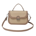 Beige woven straw crossbody bag with brown leather trim and silver ring buckle - Khaki