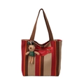 Borsa tote in tela a righe rosse e arancioni con manico marrone e ciondolo a coniglio - Senza Ciondolo / Rosso