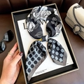 Elegant black and white floral silk scarf with rose print and polka dot patterns - 70*70cm / Beige Black (W-291)