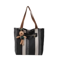Grande borsa shopper a righe con manici marroni e ciondolo a coniglio in bianco - Senza Ciondolo / Nero