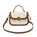 Retro contrast color crossbody bag with cream woven texture and brown leather trim - Brown & Cream