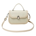Beige faux leather and woven fabric crossbody bag with silver hardware and top handle - Off White