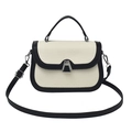 Minimalist cream woven handbag with black leather trim and silver metal buckle - Black and Off White