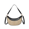 Borsa a mezzaluna minimalista in paglia e pelle nera con doppie tracolle staccabili - Nero