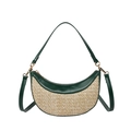 Borsa a mezzaluna in paglia e pelle verde scuro con zip dorata e doppia tracolla - Verde