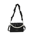 Fashionable black ruched handbag for women with white pearl chain and leather strap - Black