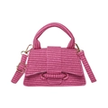 Pink woven textured small square handbag with hourglass curved base and shoulder strap - Rose Red