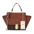 Brown patchwork handbag featuring suede top and faux crocodile pattern wings design - Brown