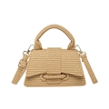 Beige woven straw crossbody bag with top handle and adjustable shoulder strap - Brown