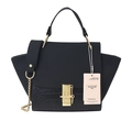 Black cross-body wing bag in matte finish with crocodile pattern and pink tag detail - Black
