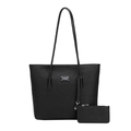 Minimalist black woven tote bag set with V-pattern texture and matching small coin purse - Black