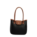 Bolso tote bicolor elegante en cuero negro con asas marrones y detalle de logotipo dorado - Negro